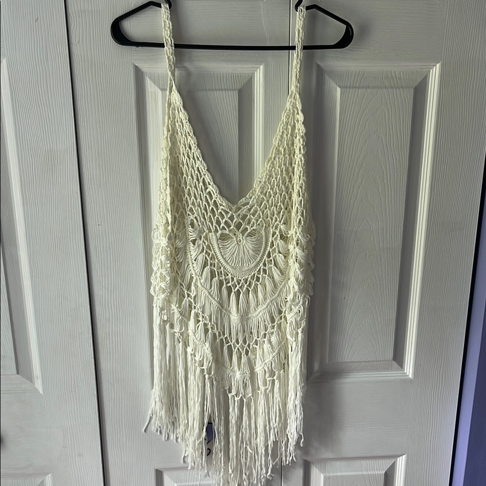 Bohemian Cream Crochet Fringe cover up